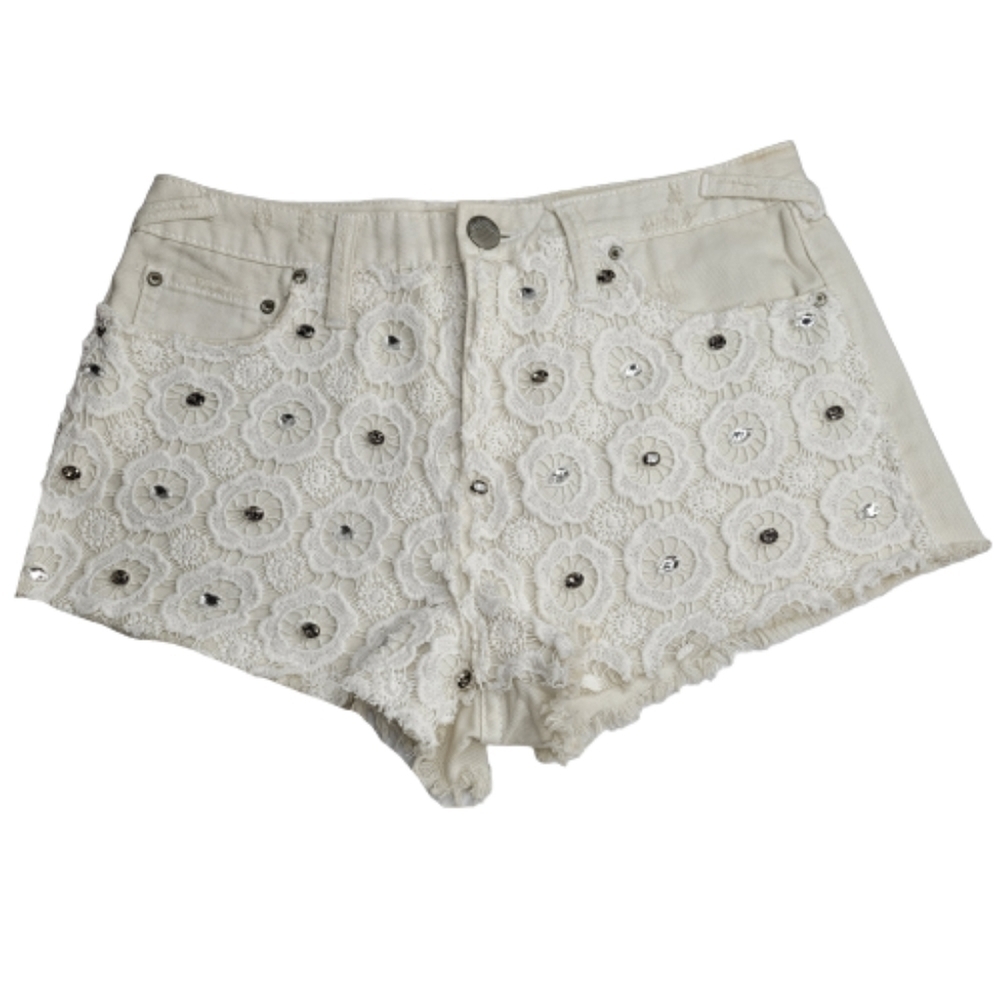 Free People White Lace and Jewled Denim Shorts